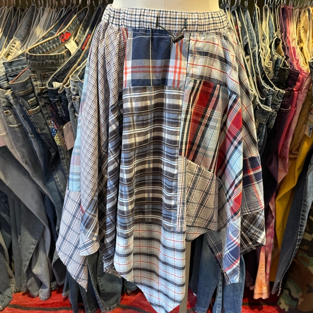 Upcycled Flannel Men’s shirting Patchwork Hankerchief Midi Skirt